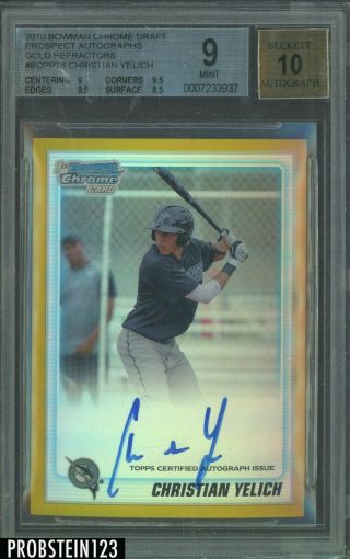 2010 Bowman Chrome Gold Refractor Christian Yelich Marlins Rc Auto /50 Bgs 9