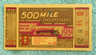 1931 Indianapolis 500 Race Ticket Stub 19th Annual 500 Mile Louis Schneider 2