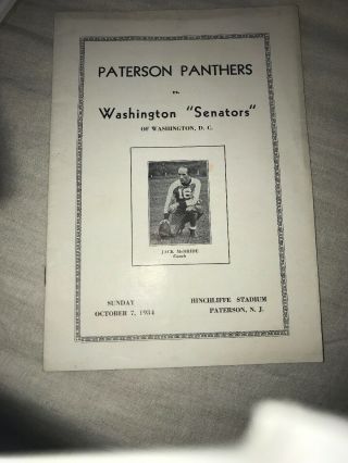 Rare 1934 Paterson Panthers V.  Washington Senators Football Program/roster Sheet