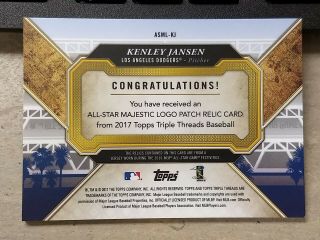 Kenley Jansen 2017 Triple Threads 1/1 All Star Majestic Patch Rare Dodgers 2