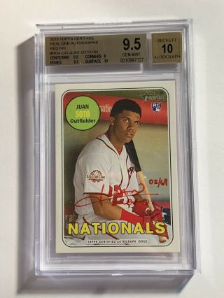 Juan Soto Rc Real One Auto Red Ink 2018 Topps Heritage 2/69 Bgs 9.  5 Auto 10