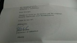 1962 Paul Bear Bryant Autograph Alabama Crimson Tide Football Letter