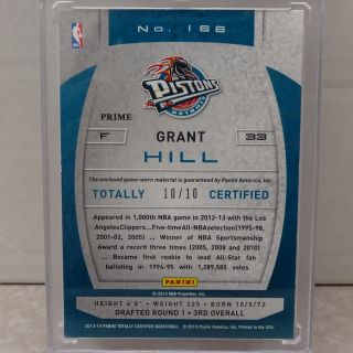 2013 - 14 Panini Totally Certified Grant Hill Detroit Pistons 2CLR Patch 10/10 2