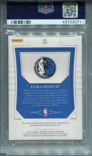 2018/19 Panini National Treasures Luka Doncic RPA Patch Auto RC 50/99 PSA 9 2