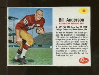 1962 Post Cereal 188 Bill Anderson Washington Redskins Exmt (ct4)