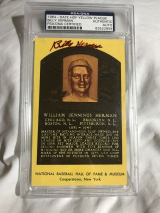 William “billy” Herman Autographed Hall Of Fame Yellow Plaque Postcard Psa/dna