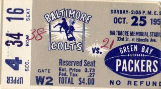 1959 World Champion Green Bay Packers @ Baltimore Colts Ticket Stub V Lombardi