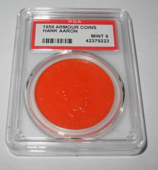 1959 Armour Baseball Coin Pin Hank Aaron Milwaukee Braves Orange Color Psa 9