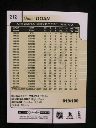 2017 - 18 O - Pee - Chee Rainbow Black Shane Doan 212 ' d 19/100 Jersey Number 2