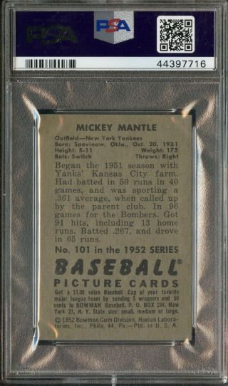 1952 Bowman 101 Mickey Mantle NY Yankees PSA 4 VG - EX 