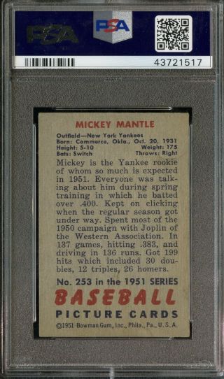 1951 Bowman 253 Mickey Mantle RC Rookie HOF NY Yankees PSA 4 