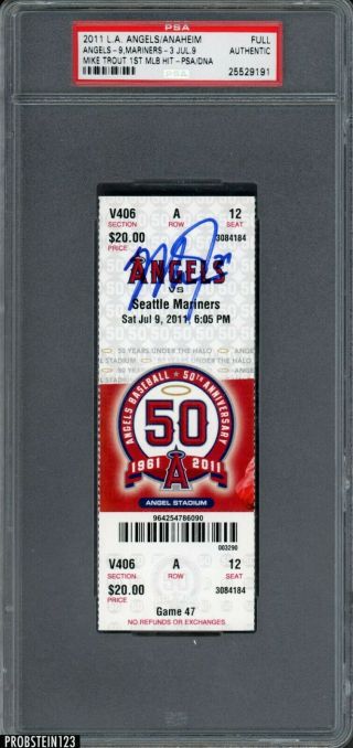 2011 Angels Vs.  Mariners Full Ticket Mike Trout 1st Mlb Hit Psa/dna