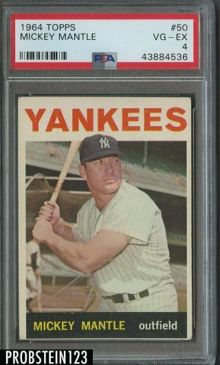1964 Topps 50 Mickey Mantle York Yankees Hof Psa 4 Vg - Ex