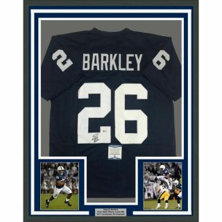 Framed Autographed/signed Saquon Barkley 33x42 Penn State Blue Jersey Bas
