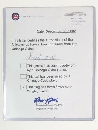 AUTHENTIC RON SANTO 10 FLAG FLOWN OVER WRIGLEY FIELD w/ CUBS ISSUED 3
