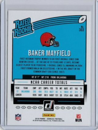 2018 Donruss Baker Mayfield Rated Rookie (Card 303) RC Cleveland Browns 2