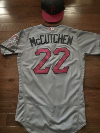 2017 PIRATES ANDREW MCCUTCHEN GAME WORN MOTHER ' S DAY JERSEY HAT W/MLB HOLO 2