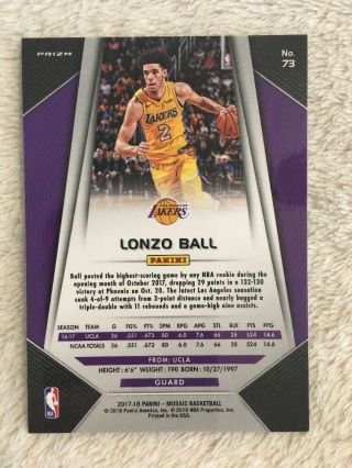 2017 - 18 Panini Mosaic Prizm Lonzo Ball RC Silver Los Angelos Lakers 2