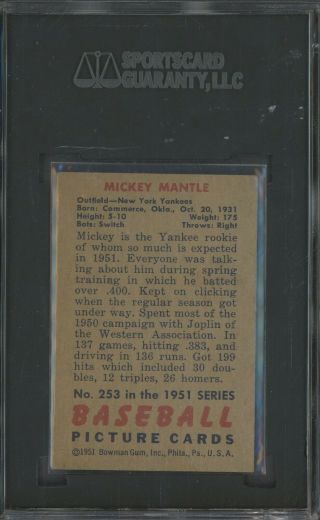 1951 Bowman 253 Mickey Mantle York Yankees RC Rookie HOF SGC NO CREASES 2