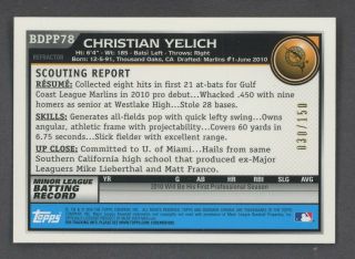 2010 Bowman Chrome Blue Refractor Christian Yelich Marlins RC Rookie AUTO /150 2