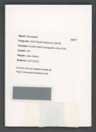 2018 - 19 Panini Opulence Holo Gold Luka Doncic Rpa Rc Patch Auto /10 Redemption