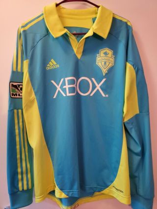 Adidas Men Seattle Sounders Fc Sz Lg Blue Lime Xbox Mls Football Soccer Jersey