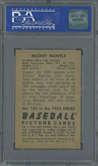 1952 Bowman 101 Mickey Mantle York Yankees HOF PSA 6 EX - MT 