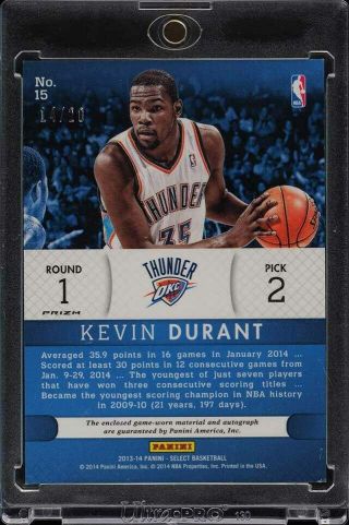 2013 Select Top Selections Blue Prizms Kevin Durant AUTO PATCH /20 15 (PWCC) 2