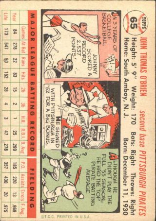 1956 Topps Pittsburgh Pirates Baseball Card 65 Johnny O ' Brien - EX 2