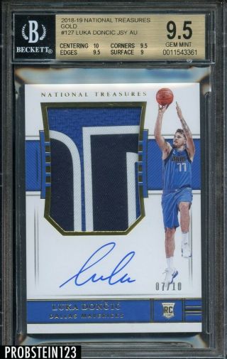 2018 - 19 National Treasures Gold Luka Doncic Rc Rpa Patch Jersey 7/10 Bgs 9.  5