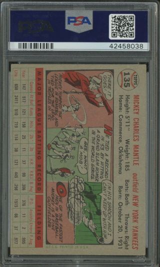1956 Topps 135 Mickey Mantle Yankees HOF GRAY BACK PSA 6 LOOKS NICER 2