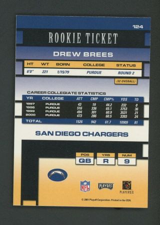 2001 Contenders Rookie Ticket Drew Brees Chargers RC Rookie AUTO /500 2
