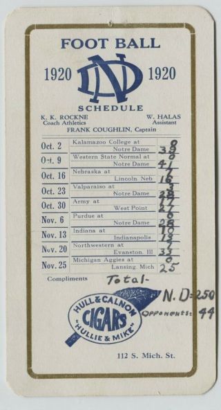 1920 Notre Dame Football Schedule Coach Knute Rockne National Champions