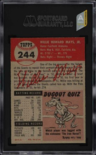 1953 Topps Willie Mays SHORT PRINT 244 SGC 8 NM - MT (PWCC - A) 2