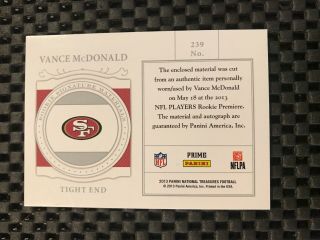 VANCE MCDONALD 2013 NATIONAL TREASURES RPA PATCH AUTO RC GOLD 33/49 ROOKIE 49er 2