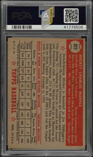 1952 Topps Mickey Mantle 311 PSA 8 NM - MT (PWCC - A) - Certified Top 30 2