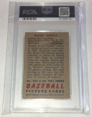 1951 Bowman Baseball Mickey Mantle Rookie RC Card 253 PSA 4 Label 2