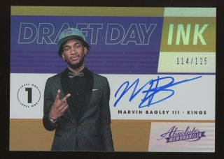 2018 - 19 Absolute Draft Day Ink Level 1 Marvin Bagley Kings Rc Auto /125