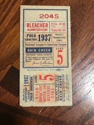 1937 World Series Game 5 Ticket Stub York Yankees York Giants Baseball