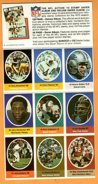 1972 Sunoco Nfl Action Stamps - 9 Stamp Sheet - Terry Bradshaw,  Dick Anderson,