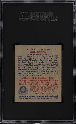 1949 Bowman Bob Lemon ROOKIE RC 238 SGC 9 (PWCC) 2