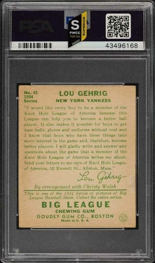 1934 Goudey Lou Gehrig 61 PSA 1.  5 FR (PWCC - S) 2