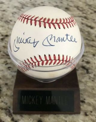 Mickey Mantle Autographed Baseball With Wood Stand And Name Plaque.  Rawlings.