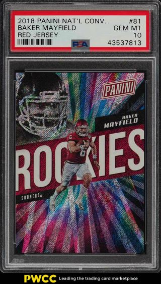 2018 Panini National Convention Red Jersey Baker Mayfield Rookie Rc Psa 10 (pwcc)