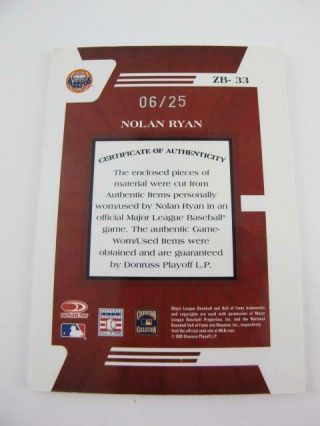 Donruss Zenith 6 of 25 Nolan Ryan ZB - 33 Game Bat & Worn Jersey Card 2005 6