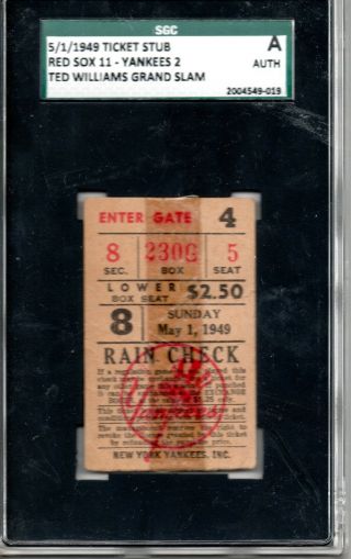 1949 Yankees Red Sox Baseball Ticket Ted Williams Grand Slam Hr Home Run Sgc