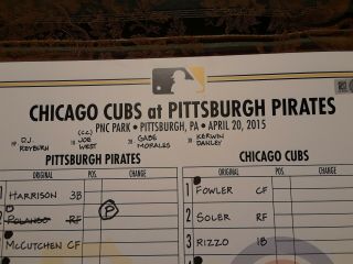 Pittsburgh Pirates 4 - 20 - 2015 Game Lineup Card Kris Bryant 2 - 3 - 4 Career RBIs 2