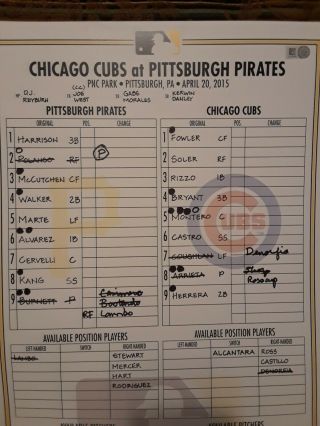 Pittsburgh Pirates 4 - 20 - 2015 Game Lineup Card Kris Bryant 2 - 3 - 4 Career RBIs 3