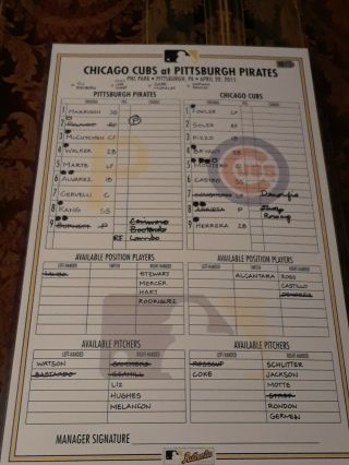 Pittsburgh Pirates 4 - 20 - 2015 Game Lineup Card Kris Bryant 2 - 3 - 4 Career RBIs 5
