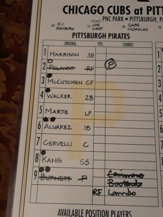Pittsburgh Pirates 4 - 20 - 2015 Game Lineup Card Kris Bryant 2 - 3 - 4 Career RBIs 8